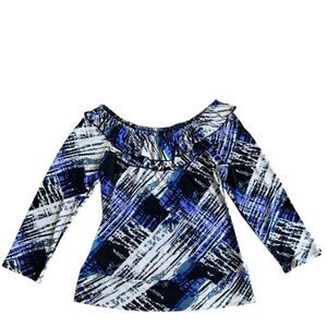 Essentials by Milano Women's Multi Color Abstract Ruffle Neck Blouse Size Medium